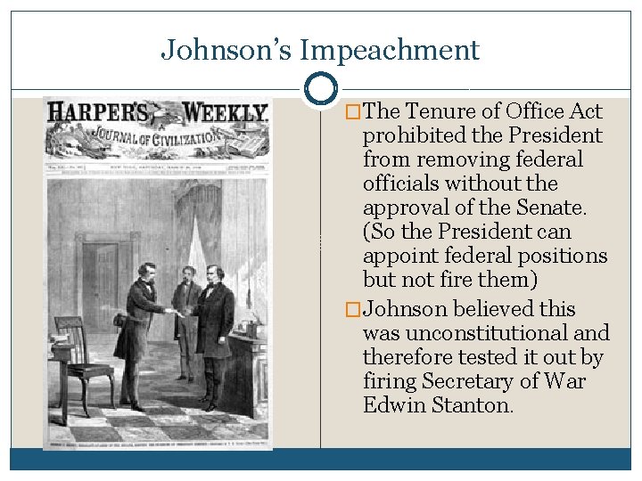 Johnson’s Impeachment �The Tenure of Office Act prohibited the President from removing federal officials