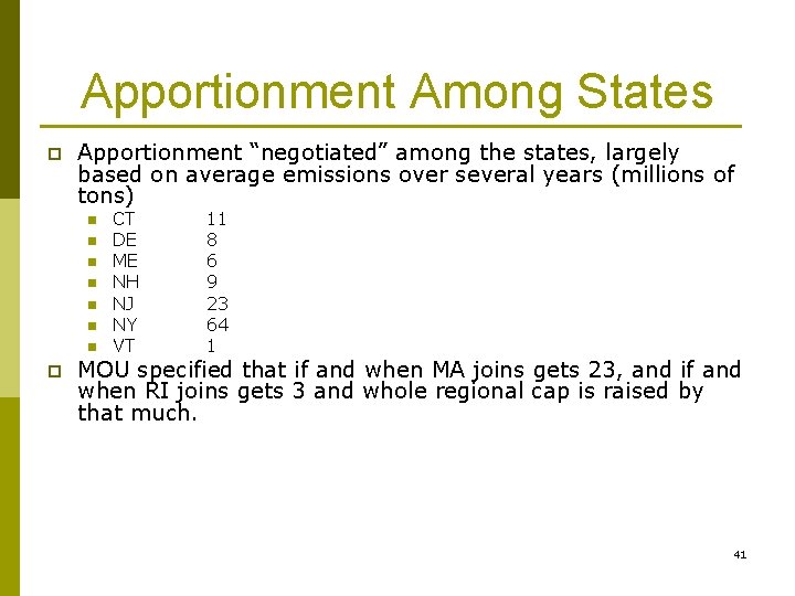 Apportionment Among States p Apportionment “negotiated” among the states, largely based on average emissions