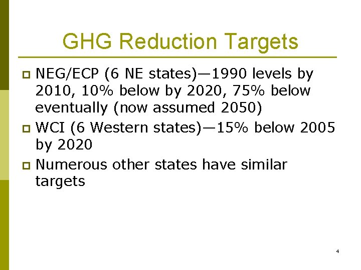 GHG Reduction Targets NEG/ECP (6 NE states)— 1990 levels by 2010, 10% below by