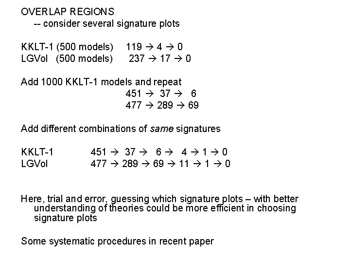 OVERLAP REGIONS -- consider several signature plots KKLT-1 (500 models) LGVol (500 models) 119