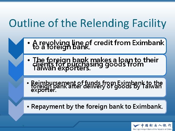 Outline of the Relending Facility • A revolving line of credit from Eximbank to