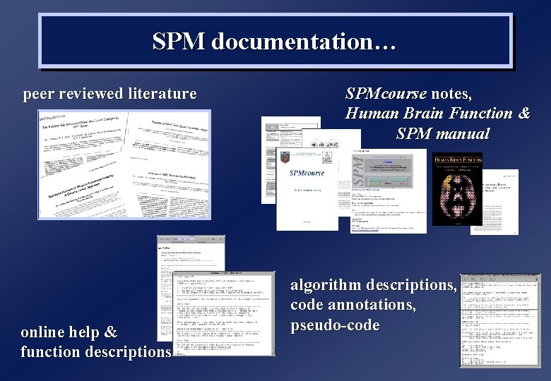 SPM documentation… peer reviewed literature online help & function descriptions SPMcourse notes, Human Brain
