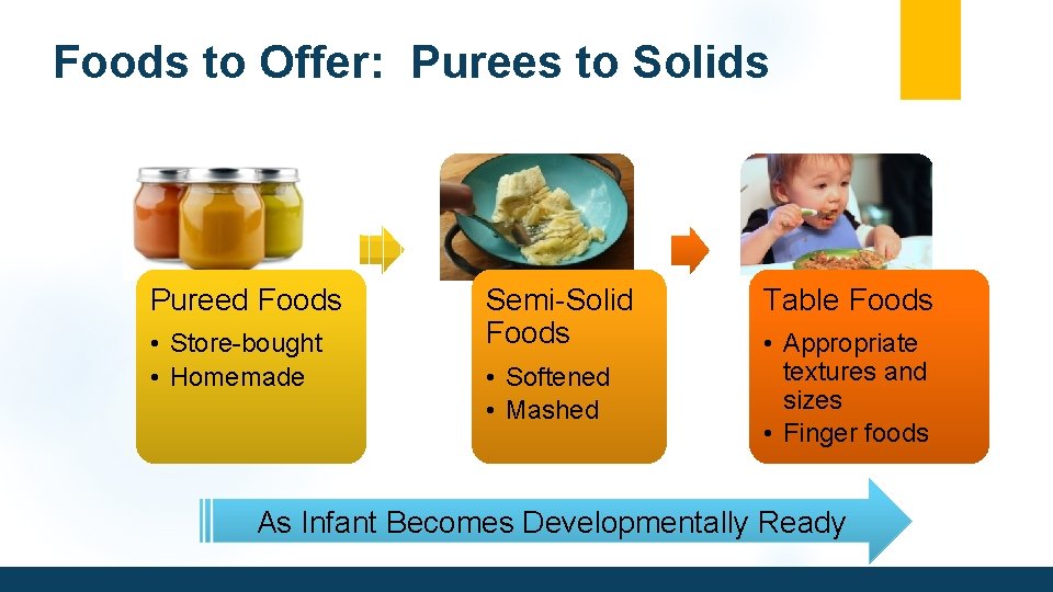 Foods to Offer: Purees to Solids Pureed Foods • Store-bought • Homemade Semi-Solid Foods