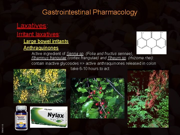 Gastrointestinal Pharmacology Laxatives: Irritant laxatives: Large bowel irritants Anthraquinones BIMM 118 Active ingredient of