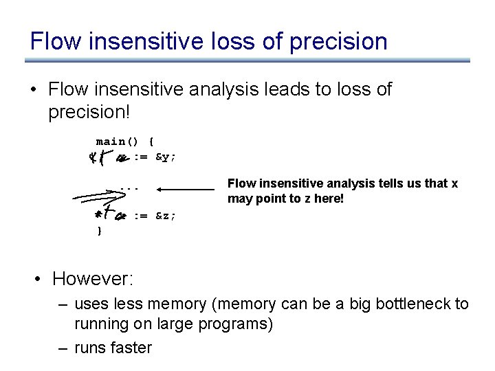 Flow insensitive loss of precision • Flow insensitive analysis leads to loss of precision!
