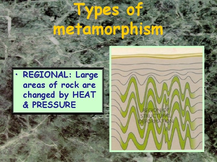 Types of metamorphism • REGIONAL: Large areas of rock are changed by HEAT & Types of metamorphism • REGIONAL: Large areas of rock are changed by HEAT &