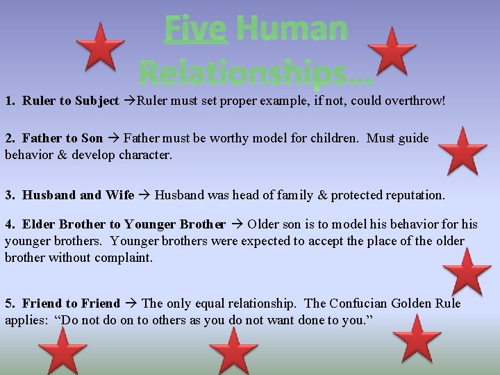 Five Human Relationships… 1. Ruler to Subject Ruler must set proper example, if not,