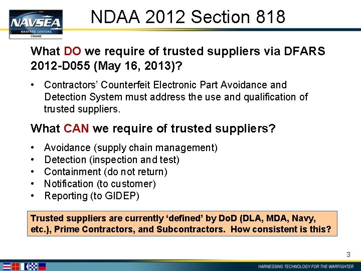 NDAA 2012 Section 818 What DO we require of trusted suppliers via DFARS 2012