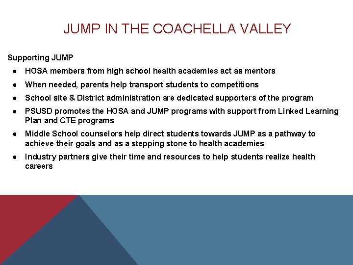 JUMP IN THE COACHELLA VALLEY Supporting JUMP ● HOSA members from high school health
