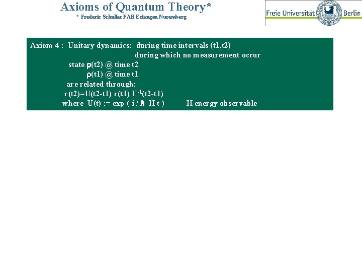 Axioms of Quantum Theory* * Frederic Schuller FAB Erlangen Nuremberg Axiom 4 : Unitary