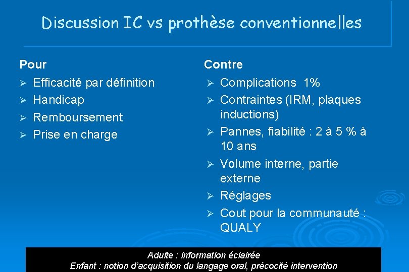 Discussion IC vs prothèse conventionnelles Pour Ø Efficacité par définition Ø Handicap Ø Remboursement