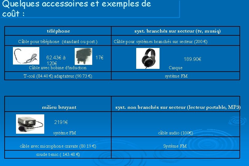 Quelques accessoires et exemples de coût : téléphone syst. branchés sur secteur (tv, musiq)