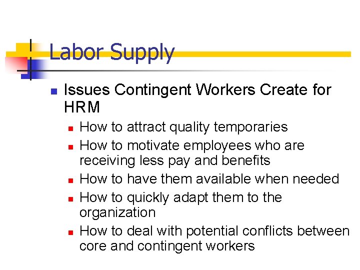 Labor Supply n Issues Contingent Workers Create for HRM n n n How to