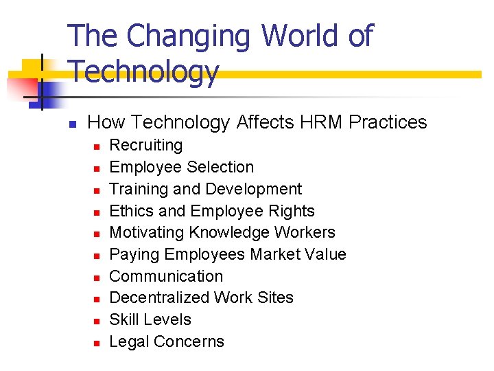 The Changing World of Technology n How Technology Affects HRM Practices n n n
