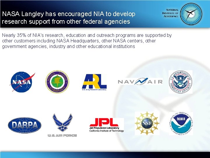 NASA Langley has encouraged NIA to develop research support from other federal agencies Nearly