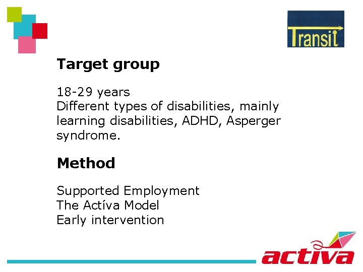 Target group 18 -29 years Different types of disabilities, mainly learning disabilities, ADHD, Asperger