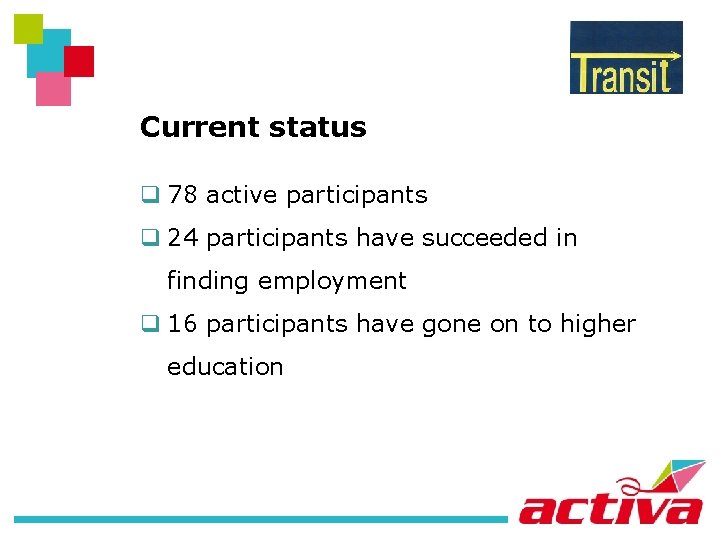 Current status q 78 active participants q 24 participants have succeeded in finding employment