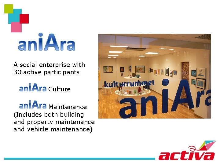 A social enterprise with 30 active participants Culture Maintenance (Includes both building and property