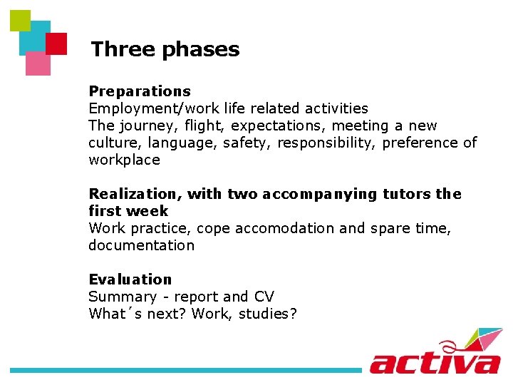 Three phases Preparations Employment/work life related activities The journey, flight, expectations, meeting a new