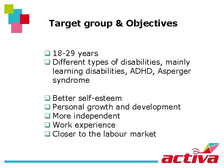 Target group & Objectives q 18 -29 years q Different types of disabilities, mainly