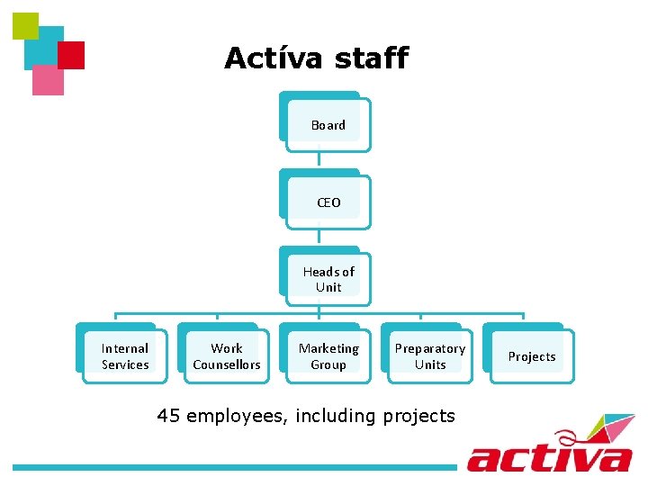 Actíva staff Board CEO Heads of Unit Internal Services Work Counsellors Marketing Group Preparatory