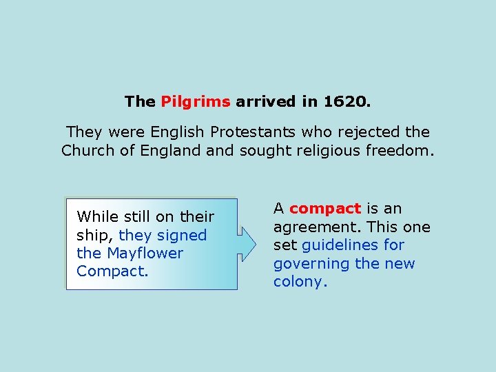 The Pilgrims arrived in 1620. They were English Protestants who rejected the Church of