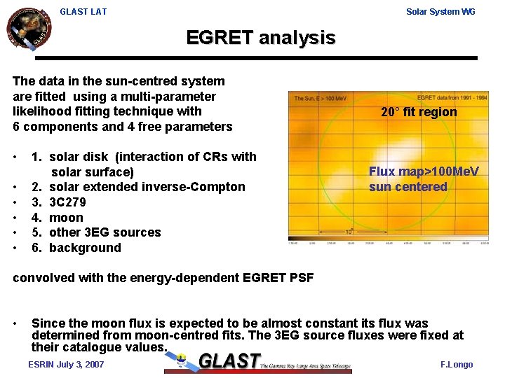 GLAST LAT Solar System WG EGRET analysis The data in the sun-centred system are
