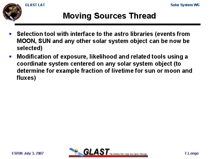 GLAST LAT Solar System WG Moving Sources Thread § Selection tool with interface to