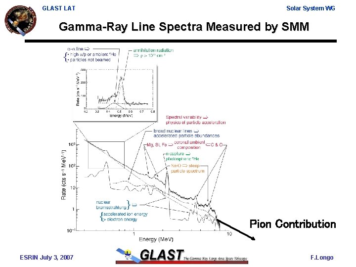 GLAST LAT Solar System WG Gamma-Ray Line Spectra Measured by SMM Pion Contribution ESRIN