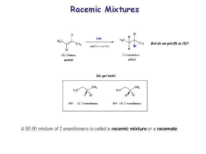 Racemic Mixtures A 50: 50 mixture of 2 enantiomers is called a racemic mixture
