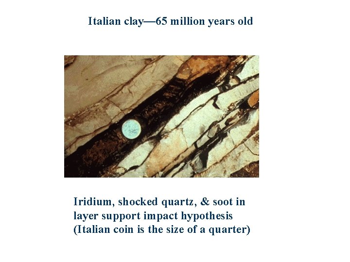 Italian clay— 65 million years old Iridium, shocked quartz, & soot in layer support