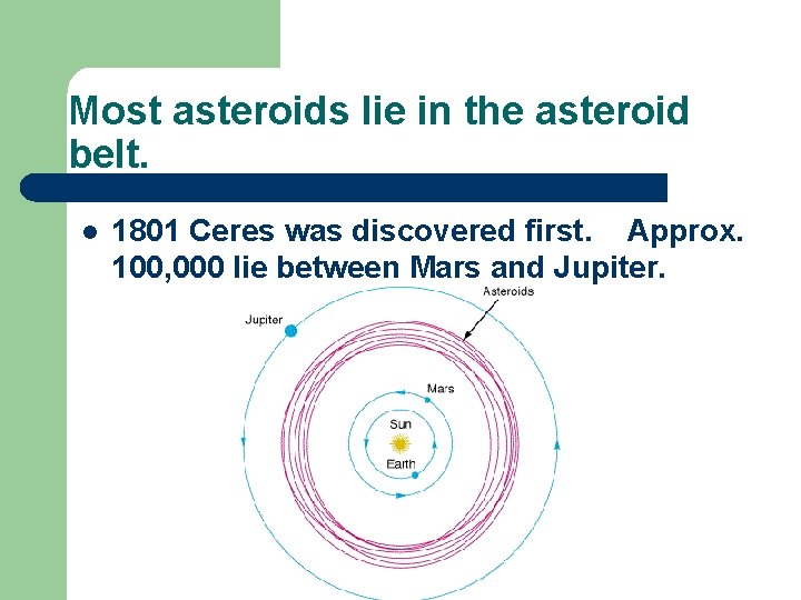 Most asteroids lie in the asteroid belt. l 1801 Ceres was discovered first. Approx.