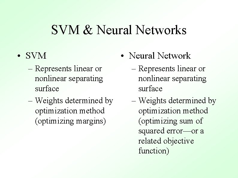 SVM & Neural Networks • SVM – Represents linear or nonlinear separating surface –