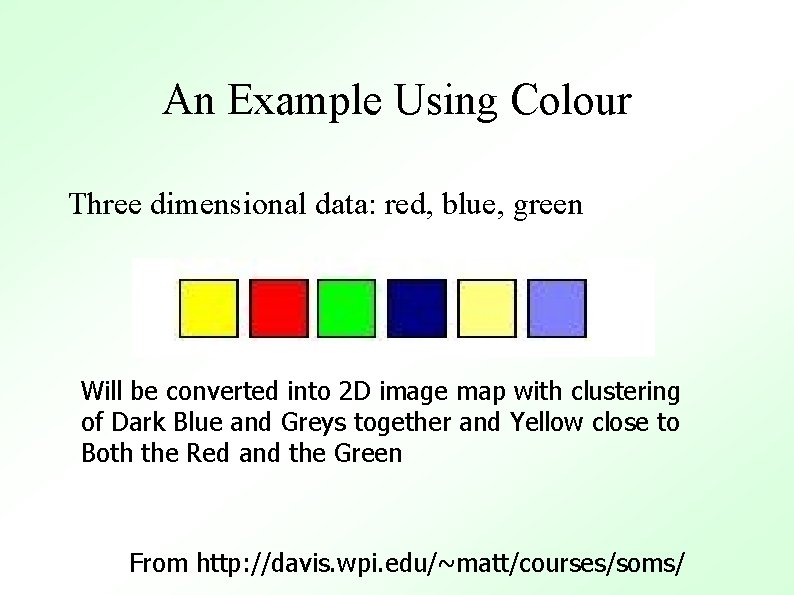 An Example Using Colour Three dimensional data: red, blue, green Will be converted into