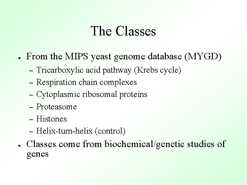 The Classes ● From the MIPS yeast genome database (MYGD) – – – ●