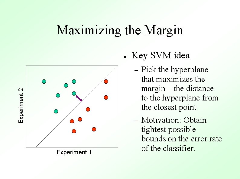 Maximizing the Margin Experiment 2 ● Experiment 1 Key SVM idea – Pick the