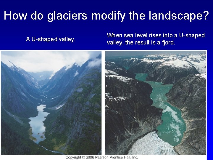 How do glaciers modify the landscape? A U-shaped valley. When sea level rises into