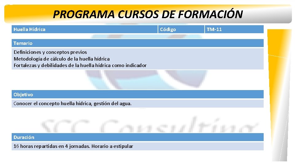 PROGRAMA CURSOS DE FORMACIÓN Huella Hídrica Temario Definiciones y conceptos previos Metodología de cálculo