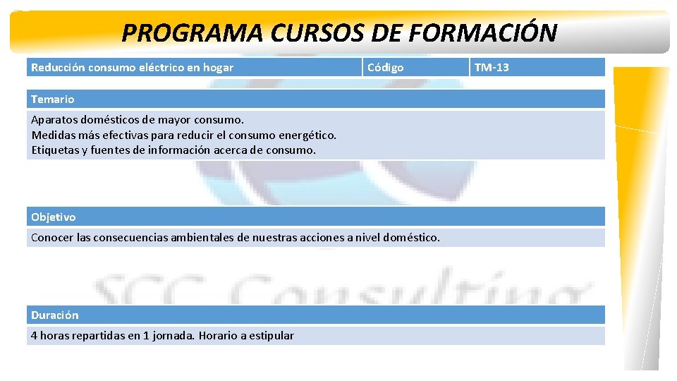 PROGRAMA CURSOS DE FORMACIÓN Reducción consumo eléctrico en hogar Código Temario Aparatos domésticos de