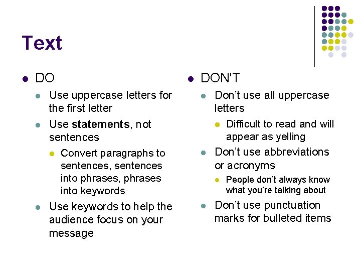 Text l DO l l l Use uppercase letters for the first letter Use