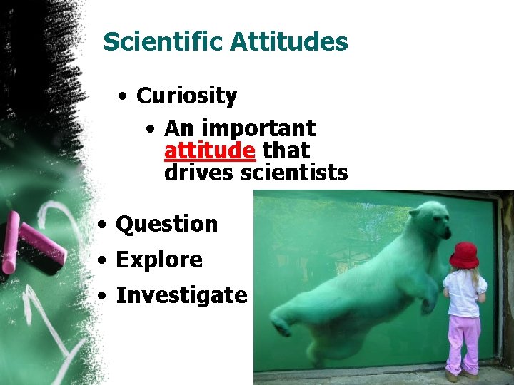 Scientific Attitudes • Curiosity • An important attitude that drives scientists • Question •