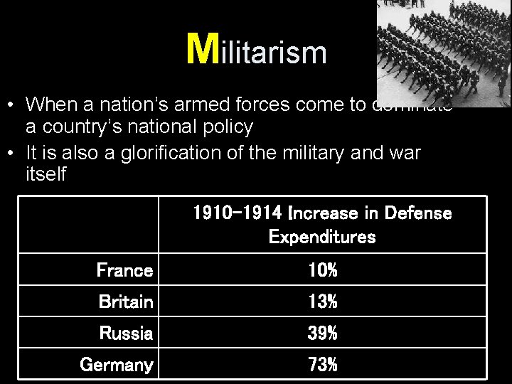 Militarism • When a nation’s armed forces come to dominate a country’s national policy