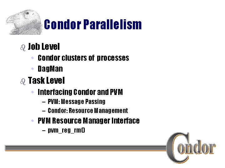 Condor Parallelism b Job Level • Condor clusters of processes • Dag. Man b