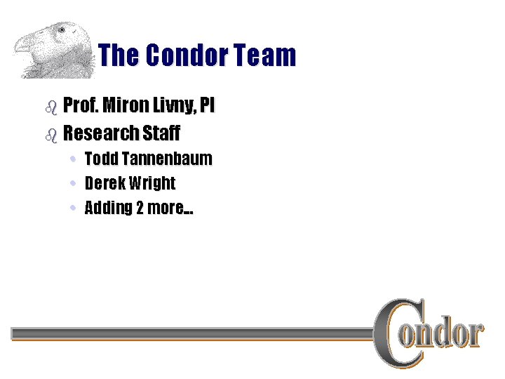 The Condor Team b Prof. Miron Livny, PI b Research Staff • • •