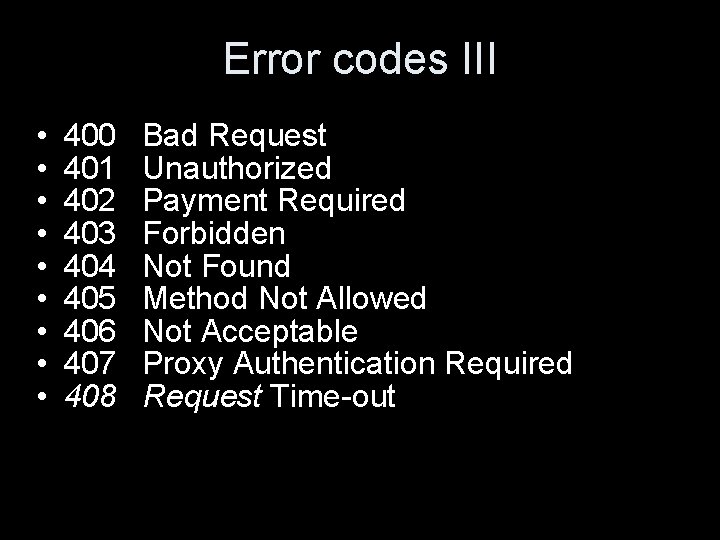 Error codes III • • • 400 401 402 403 404 405 406 407