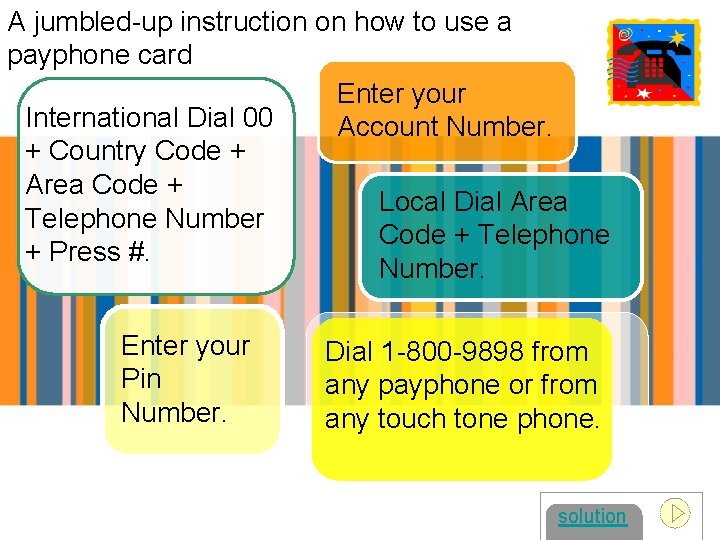 A jumbled-up instruction on how to use a payphone card Enter your International Dial