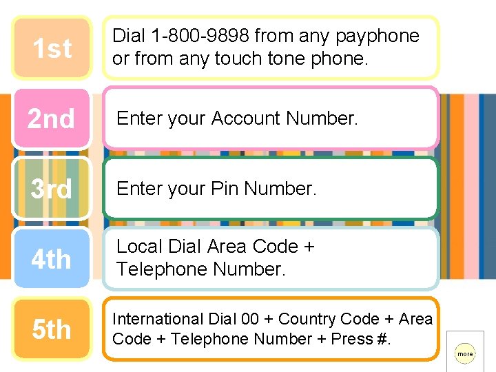1 st Dial 1 -800 -9898 from any payphone or from any touch tone