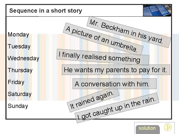 Sequence in a short story Monday Tuesday Wednesday Thursday Friday Saturday Sunday A pi