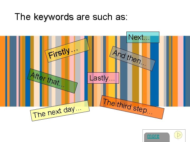 The keywords are such as: Next… … y l t Firs Afte r tha