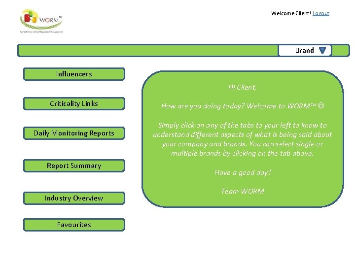Welcome Client! Logout Brand Influencers Hi Client, Criticality Links Daily Monitoring Reports Report Summary